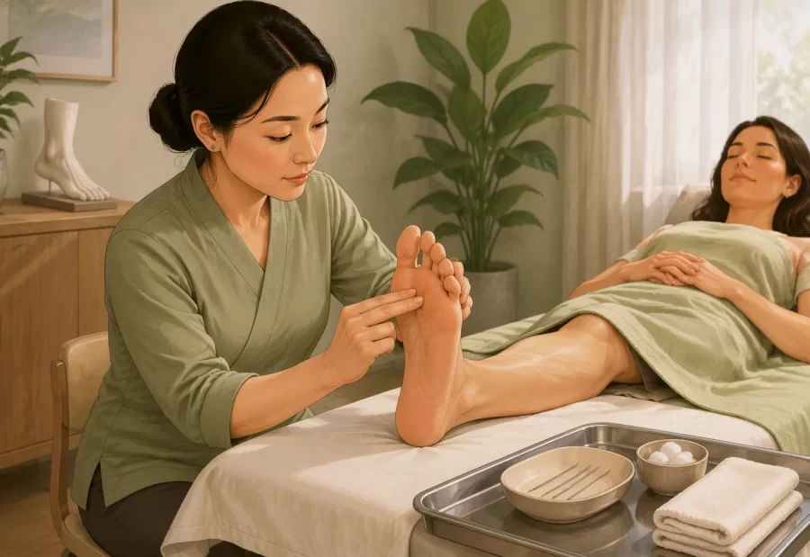 Acupuncturist palpating woman's foot on treatment table
