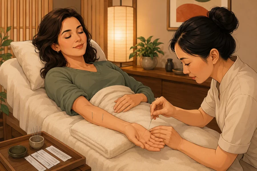 Woman receiving acupuncture on inner forearm