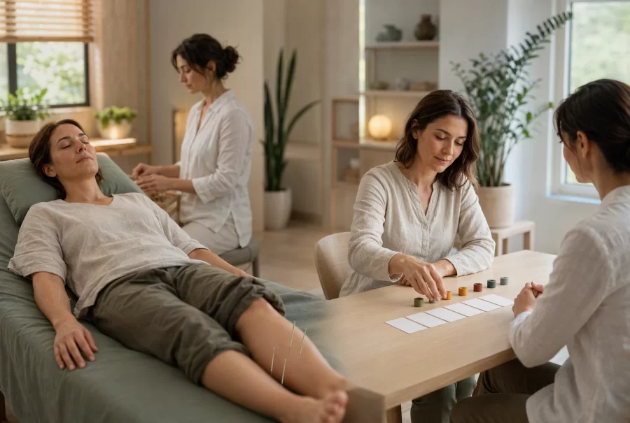 Acupuncture treatment room with calm patient and progress chart