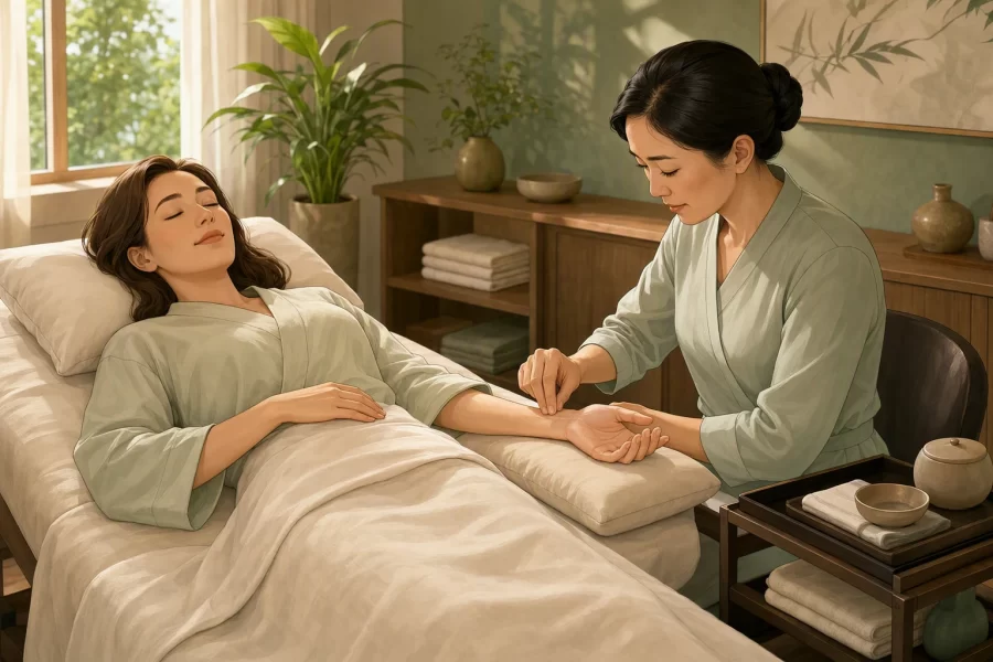 Acupuncturist locating Shenmen point on relaxed woman's wrist