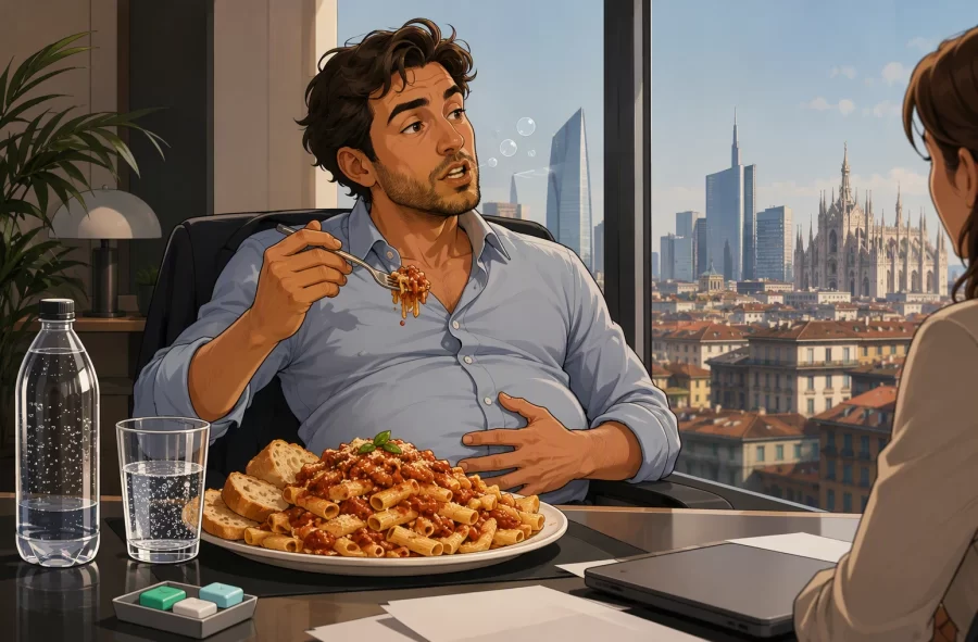 A stressed professional eating a rushed lunch