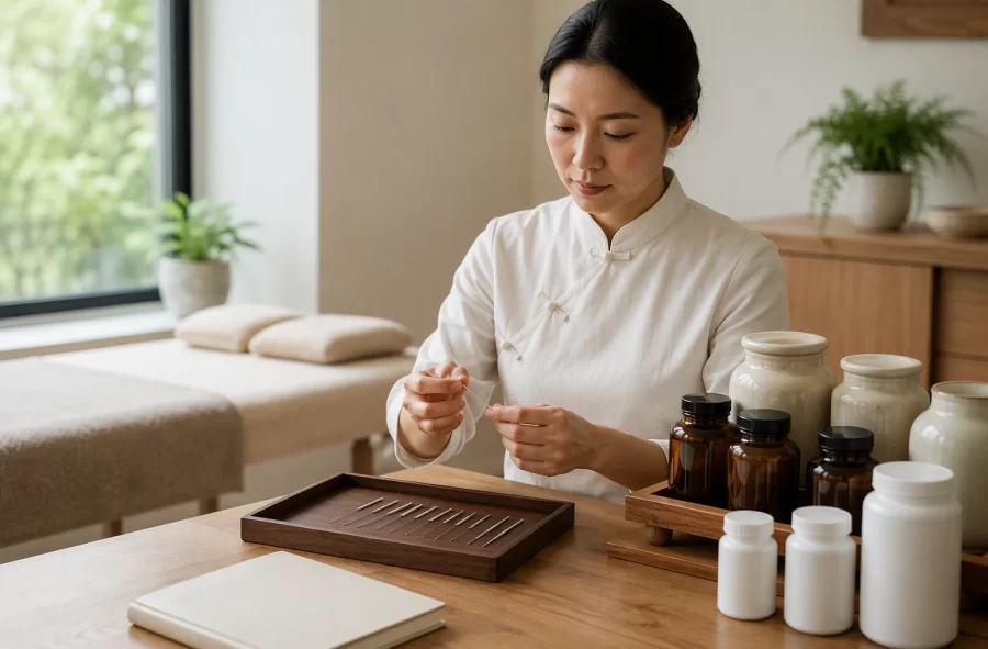 Acupuncturist preparing needles beside herbal jars