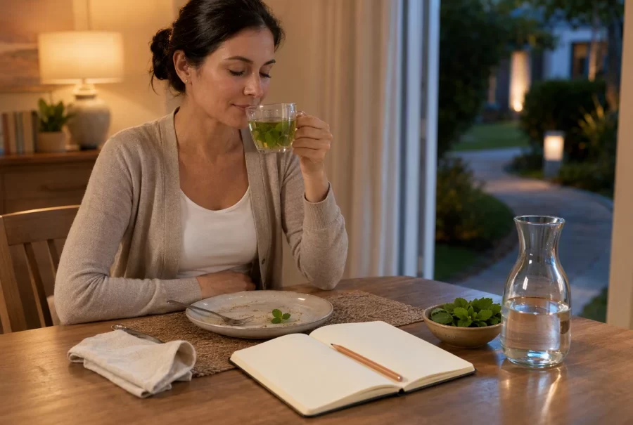 A person drinking peppermint tea beside a food diary