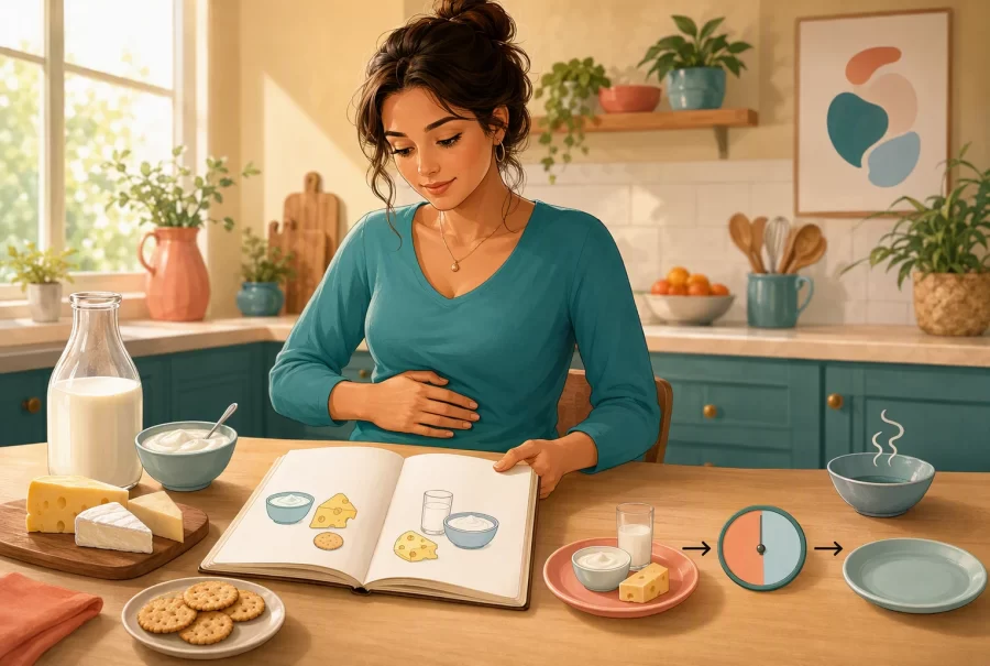 Woman reviewing meal diary beside dairy foods