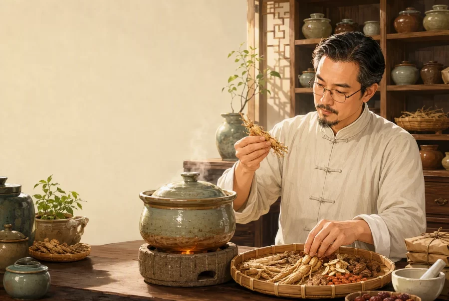 TCM practitioner inspecting dried roots beside a ceramic decoction pot