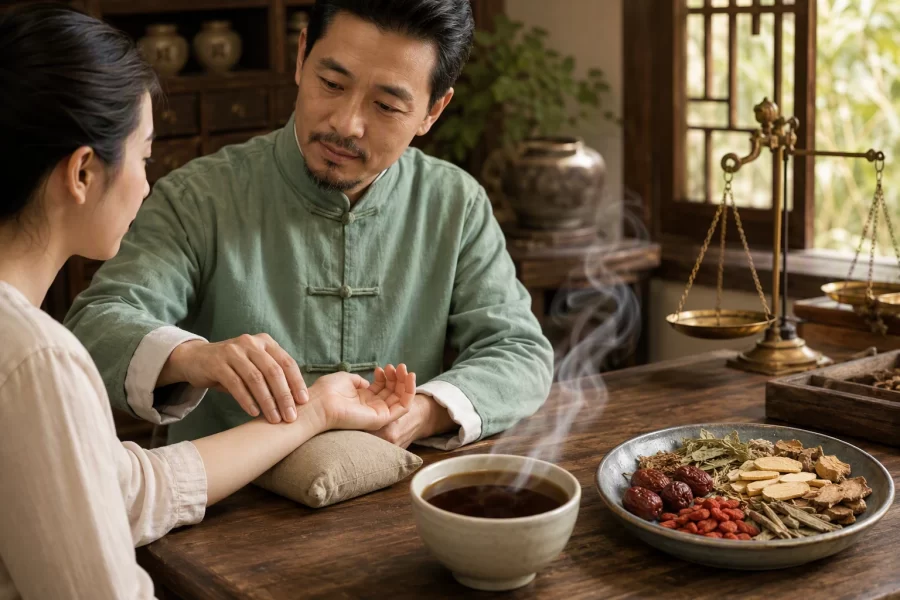 TCM practitioner palpating wrist pulse beside steaming herbal cup