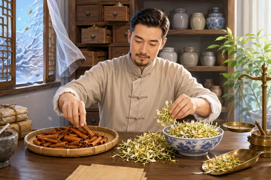 Herbalist sorting cinnamon twigs and honeysuckle blossoms