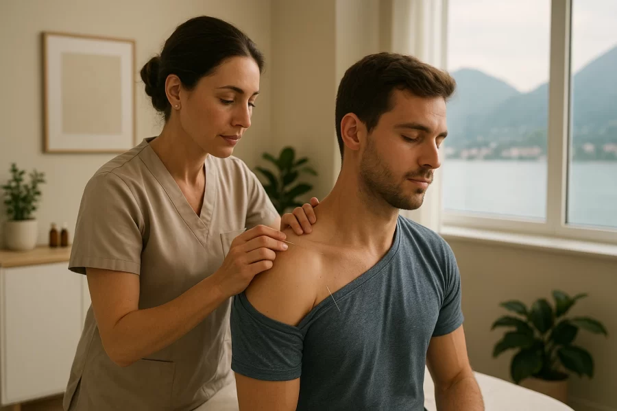 Acupuncturist treating runner's shoulder in Lugano clinic