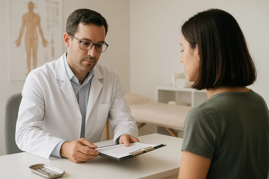Acupuncturist reviewing patient medication list in clinic