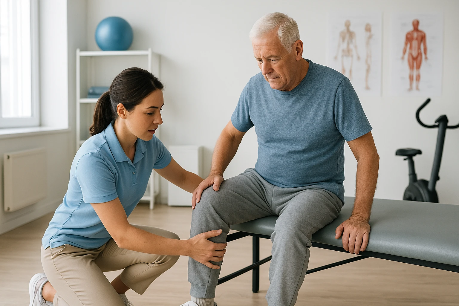 Physiotherapist guiding senior through hip exercises in clinic