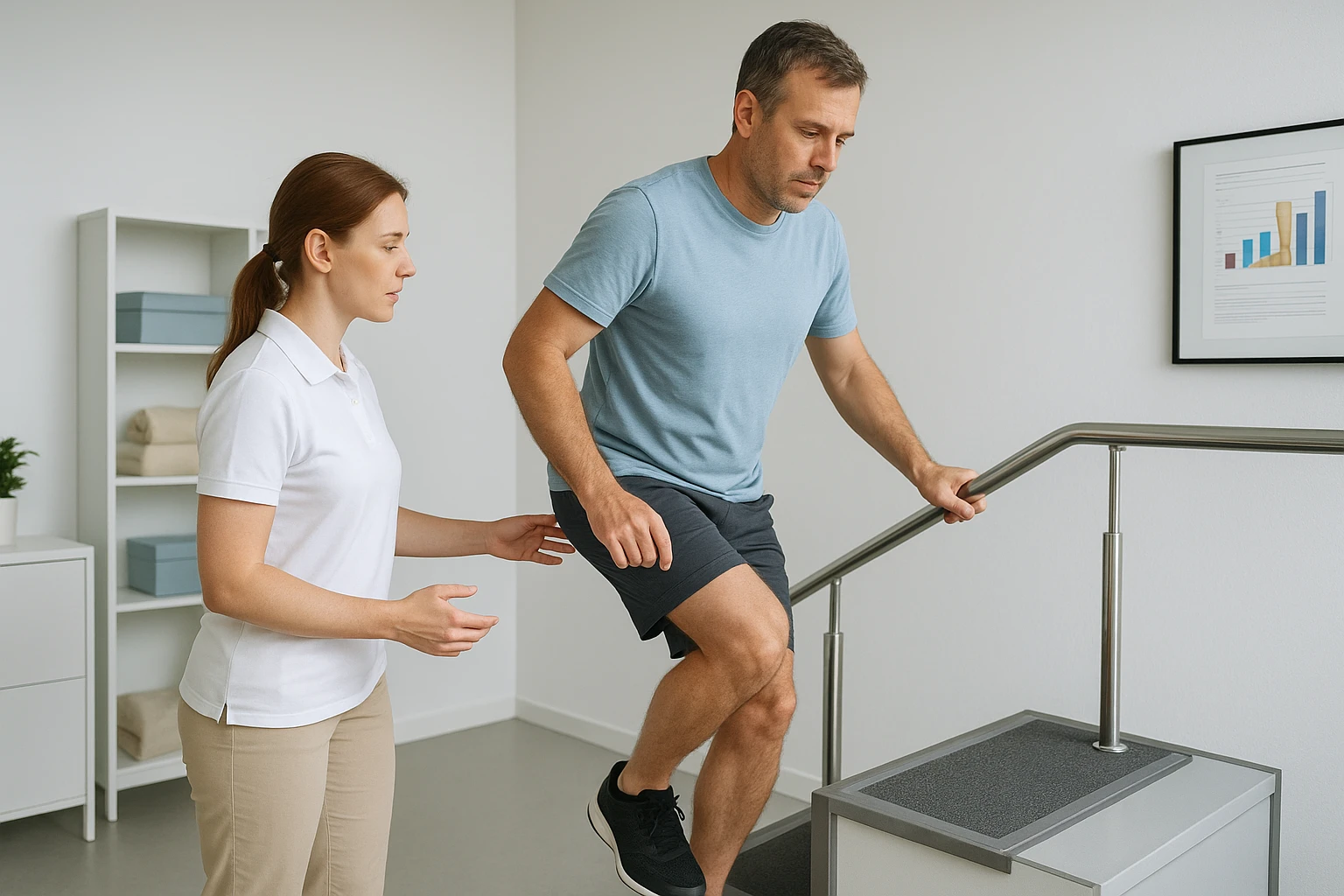 Physiotherapist observing patient climbing clinic stairs