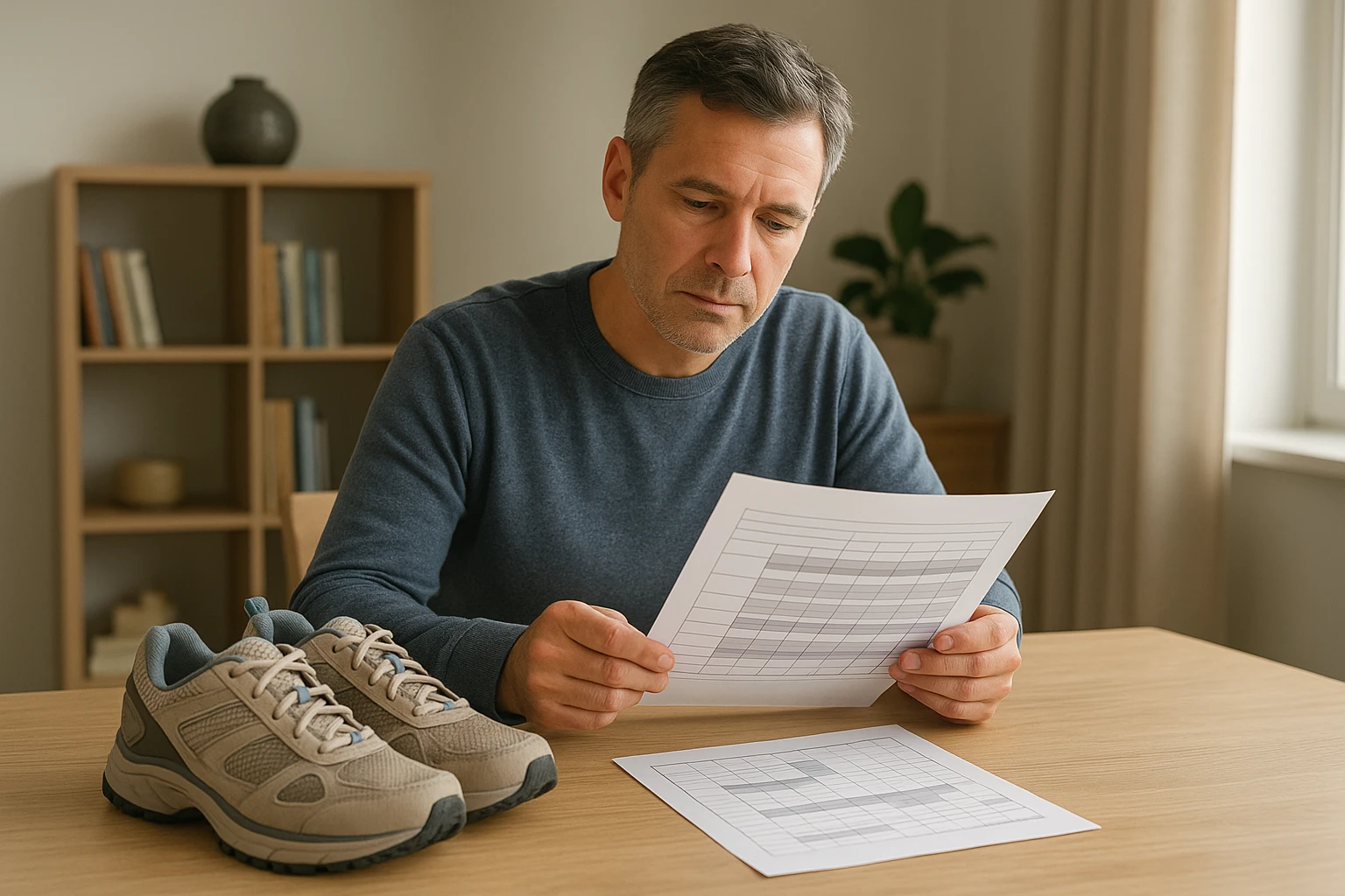 A person reviewing a weekly walking plan beside shoes at home