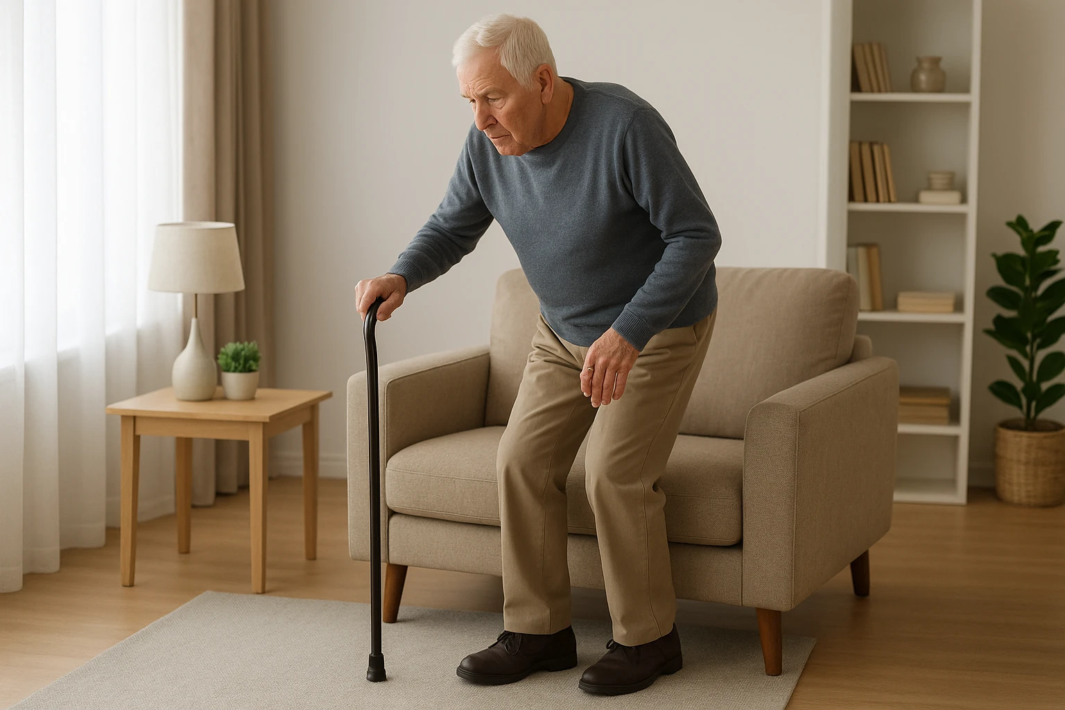 Senior man using cane near raised armchair