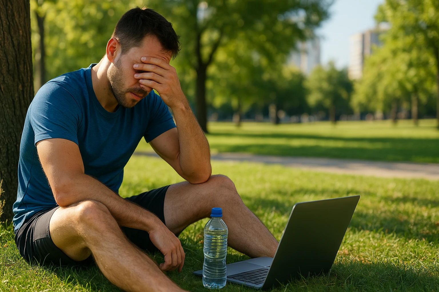 Tired runner resting with water bottle beside laptop in park