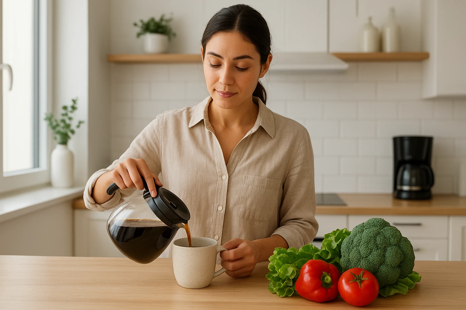 Pouring decaf coffee beside fresh vegetables