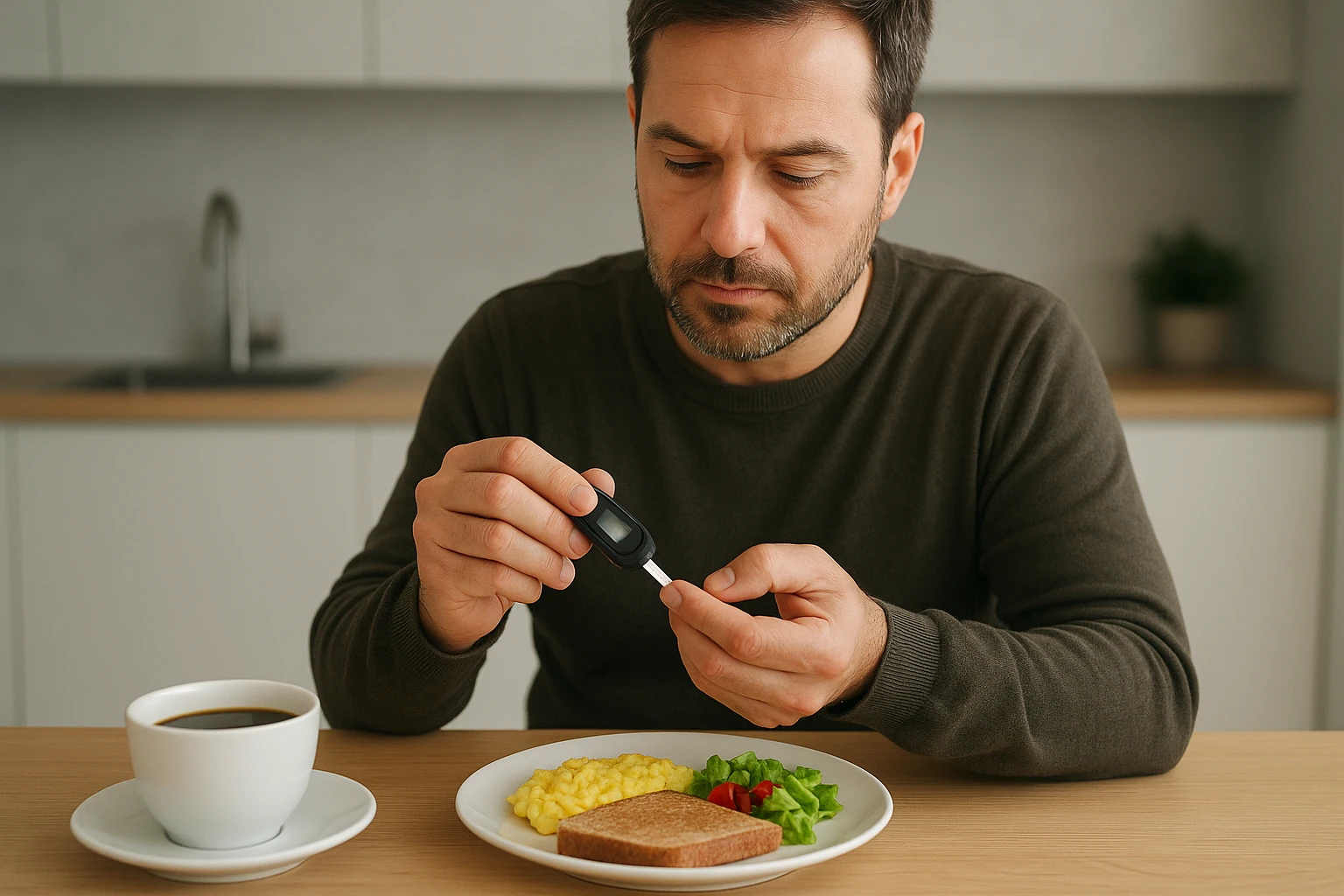 Italian adult checking glucose monitor beside espresso breakfast