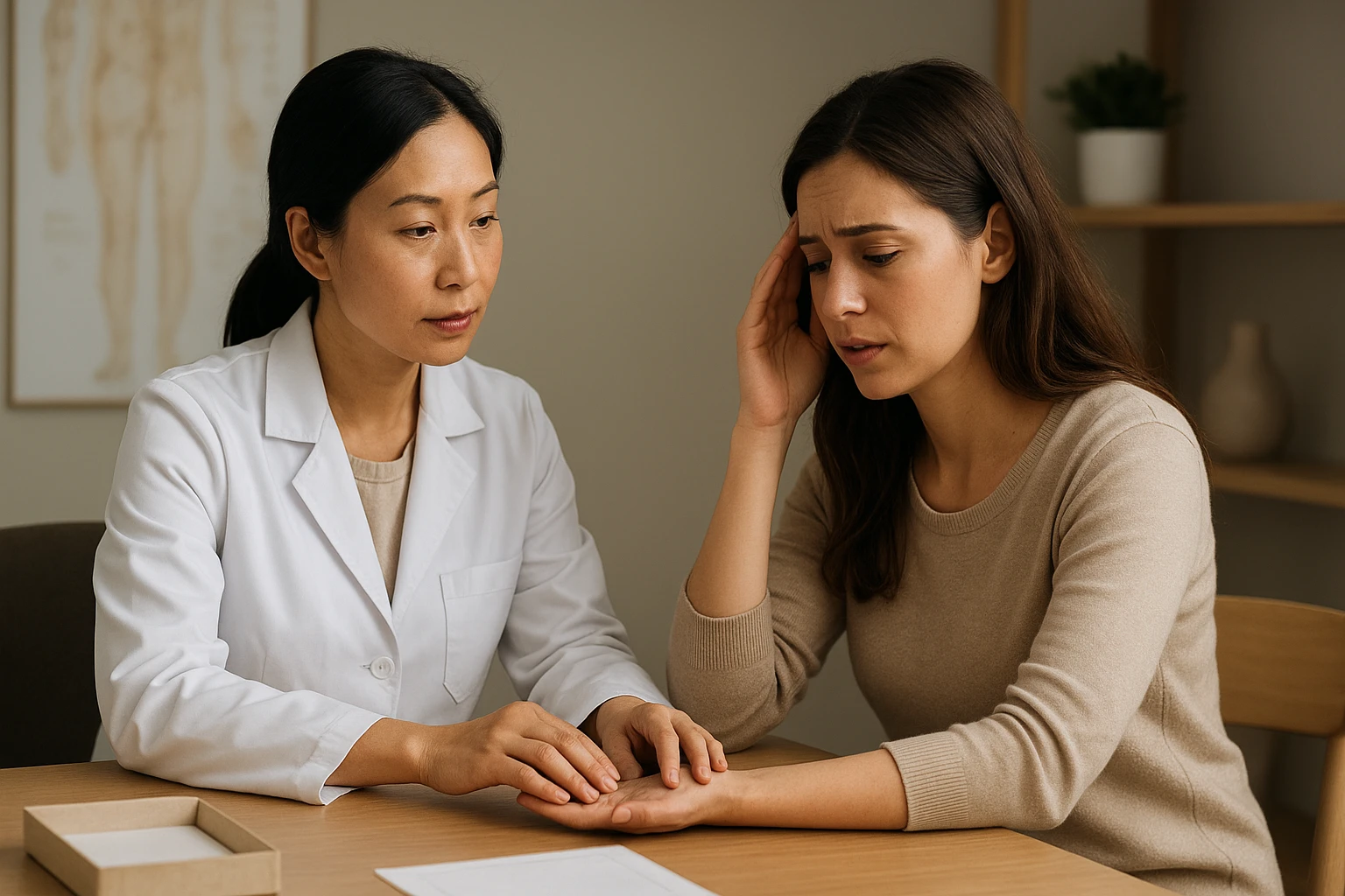 TCM practitioner palpating pulse while patient speaks