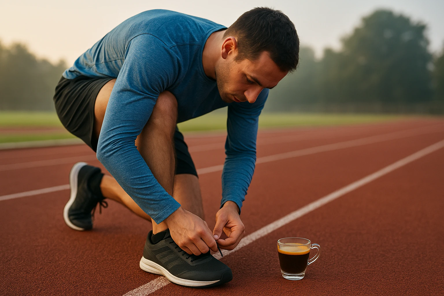 Runner tying shoes beside espresso at dawn track