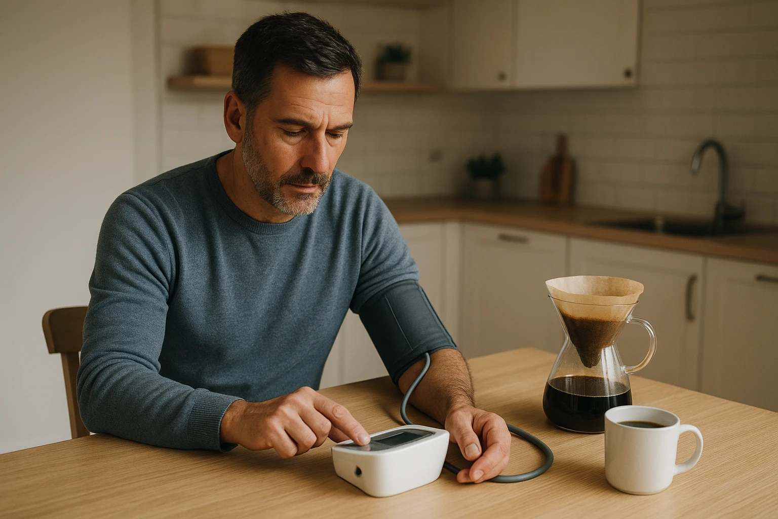 Italian adult checking blood pressure beside coffee