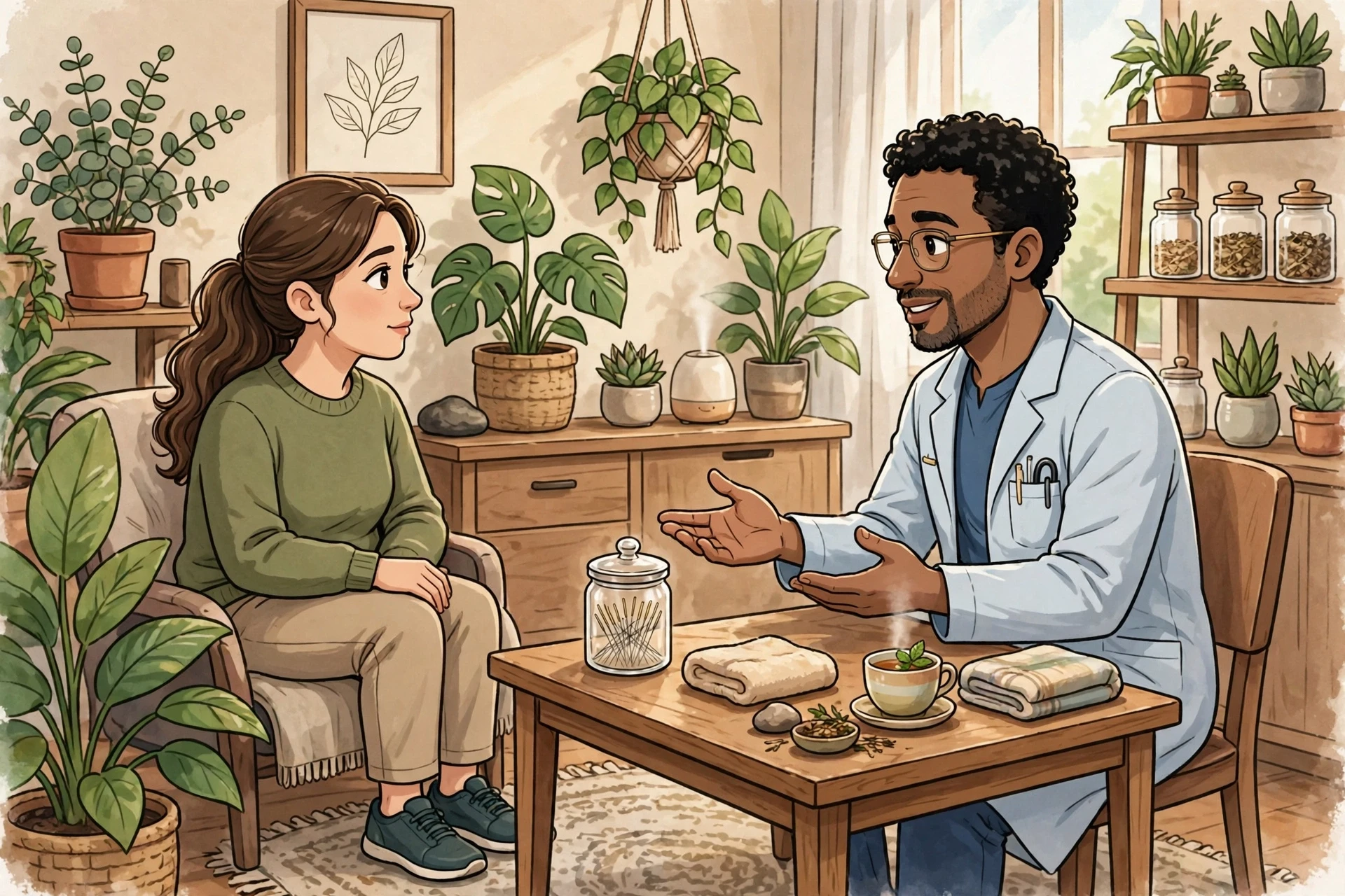 Acupuncturist consulting with patient in plant-filled clinic