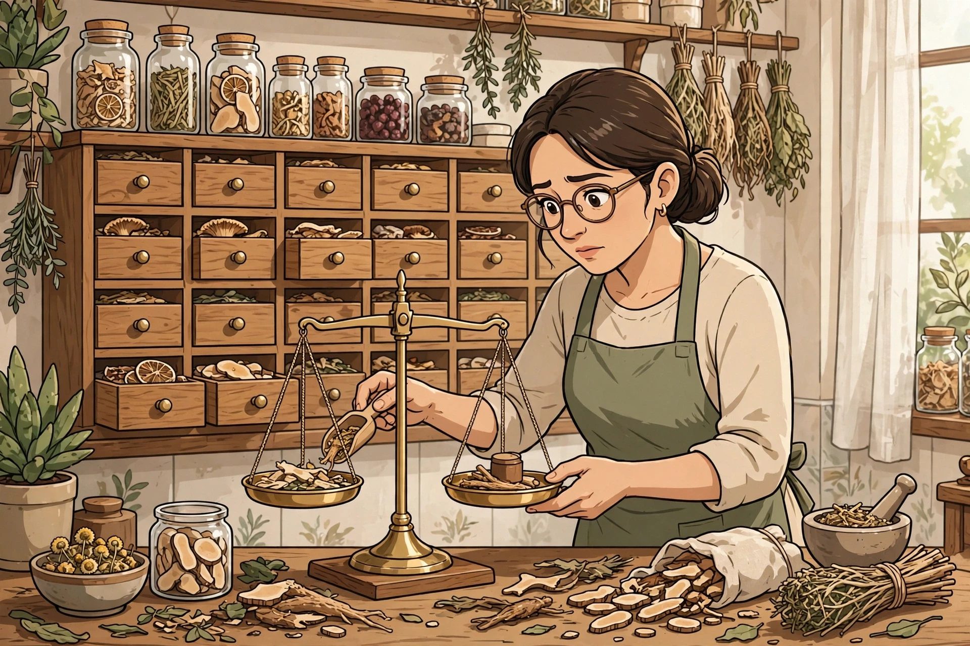 Herbalist weighing dried roots on a brass scale