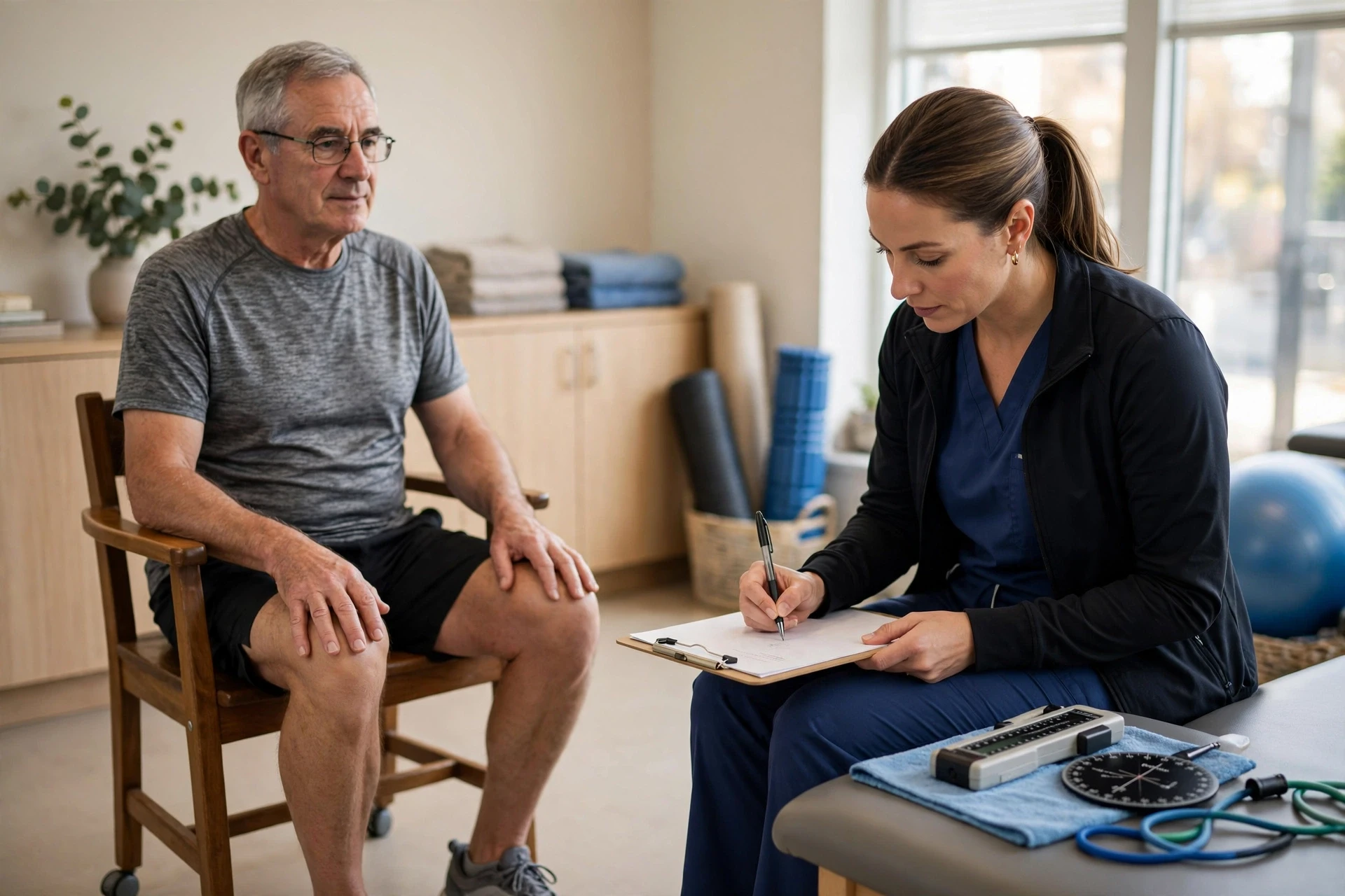 Physiotherapist measuring hip strength with goniometer