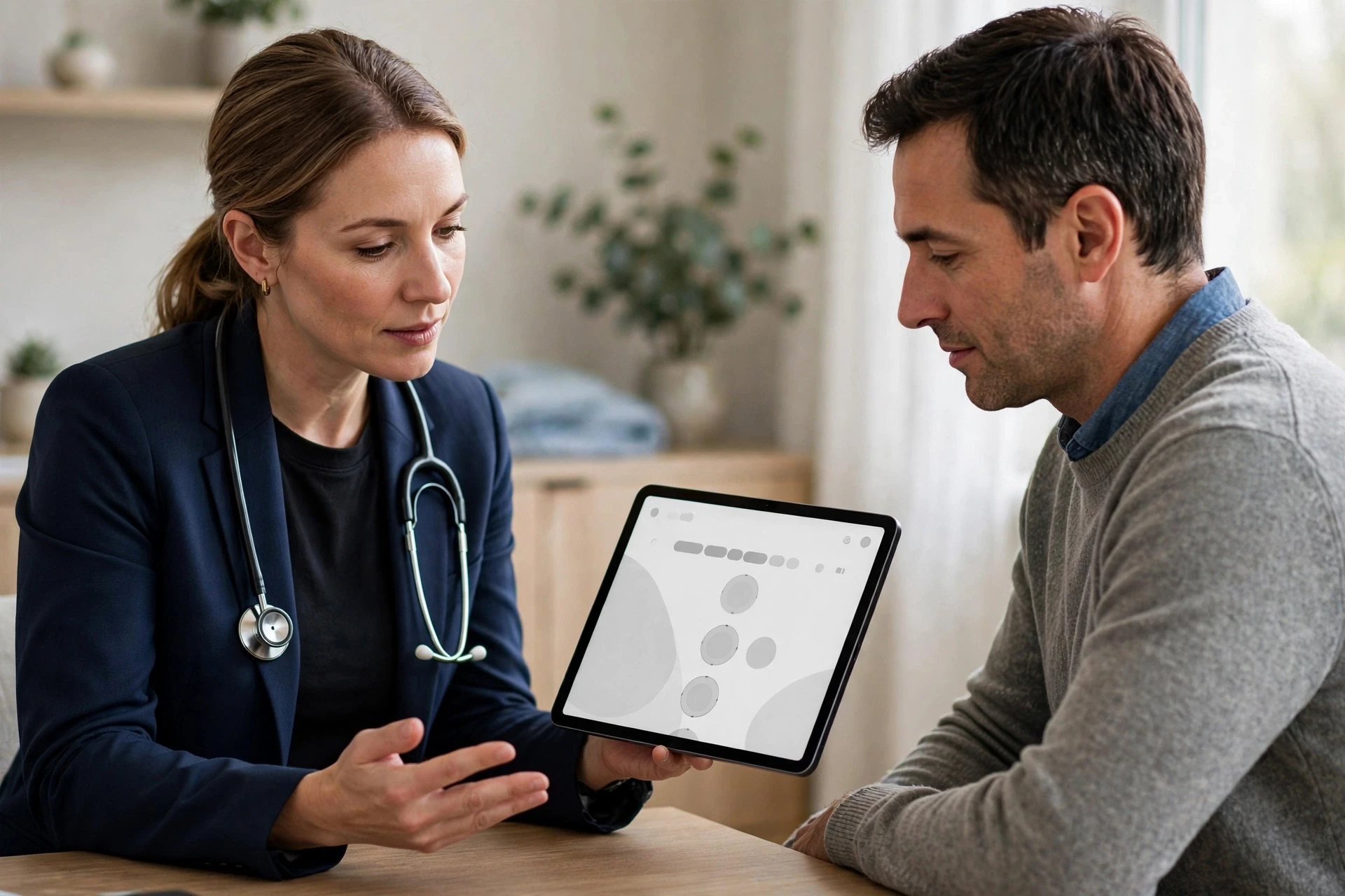 Clinician reviewing adaptive screening on tablet beside patient