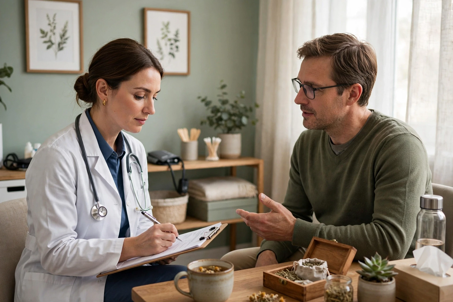 Doctor consulting with patient in bright clinic