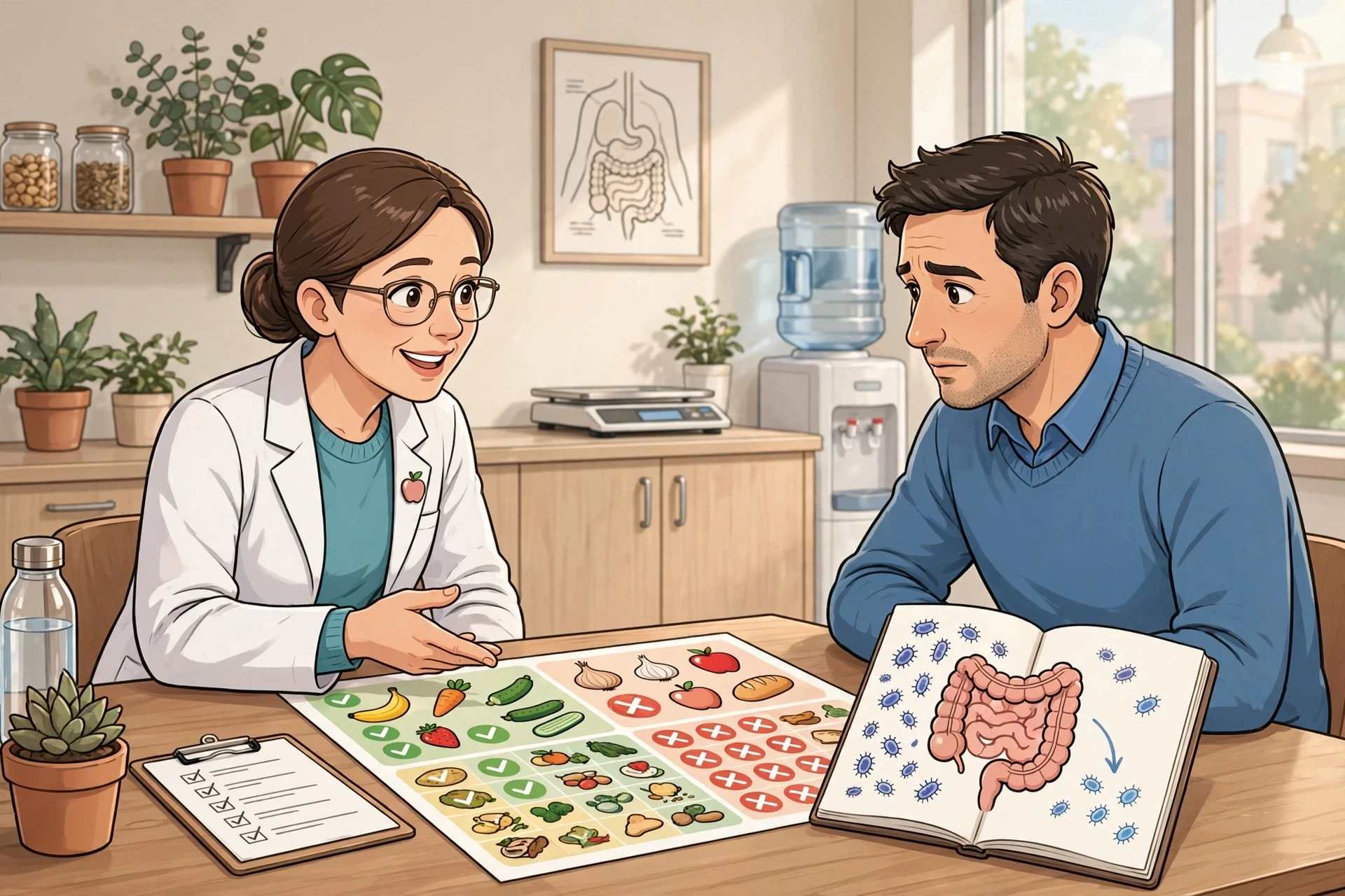 Dietitian reviewing FODMAP chart with patient