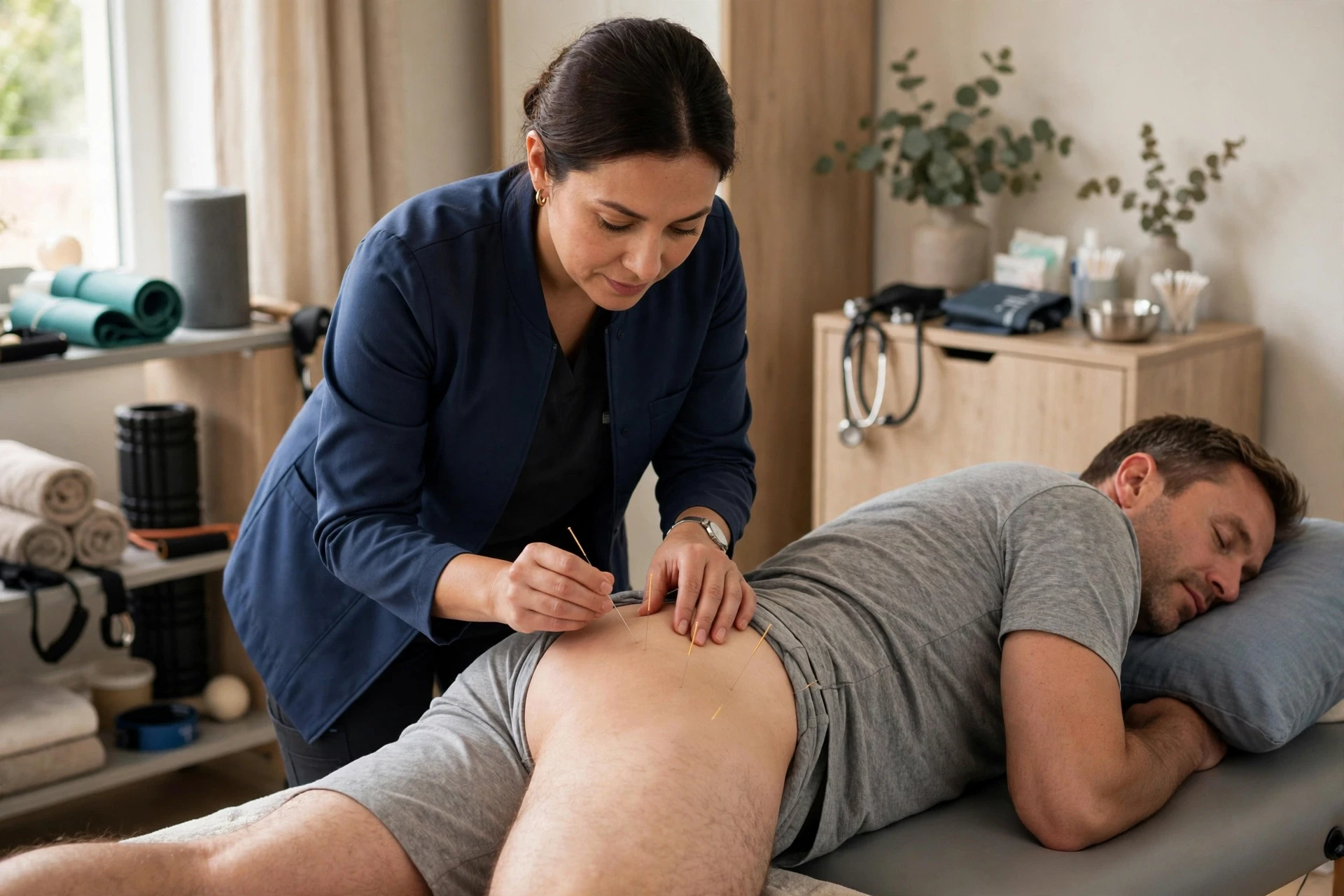 Acupuncturist placing fine needles near patient's hip