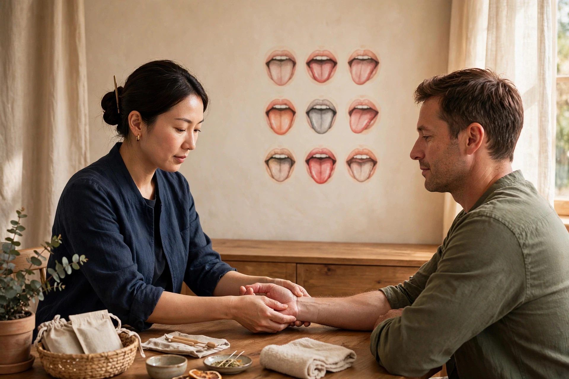 TCM practitioner reading pulse beside tongue chart