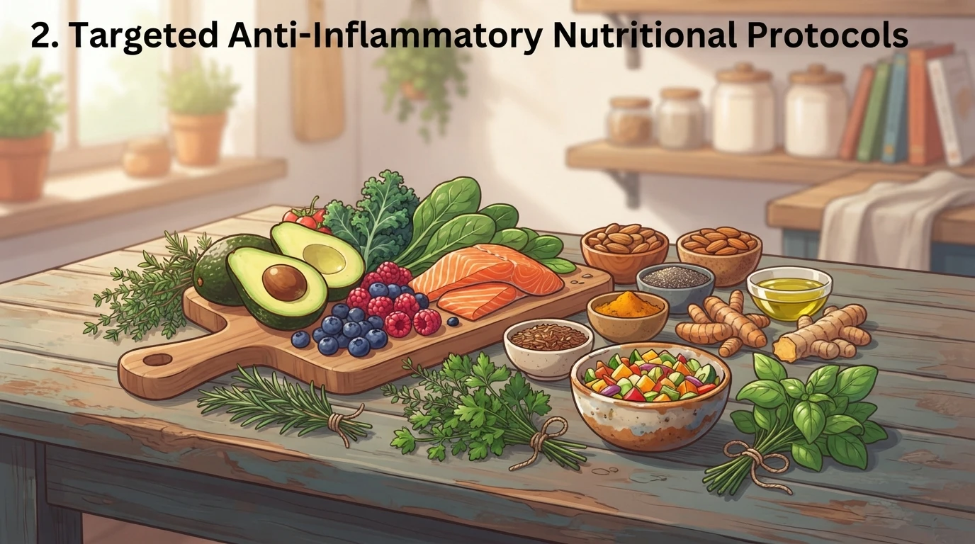 Anti-inflammatory foods and herbs on rustic table