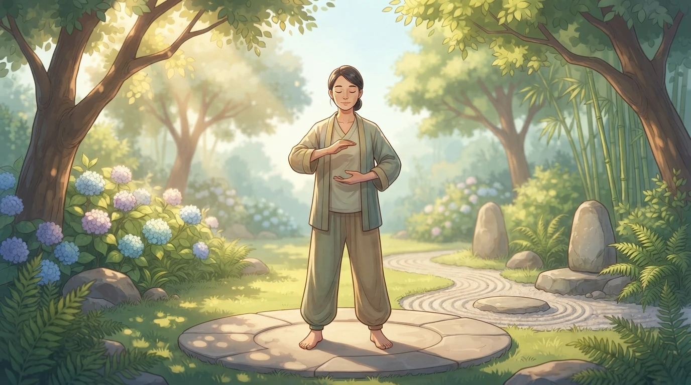 Person practicing Qigong in a sunlit garden