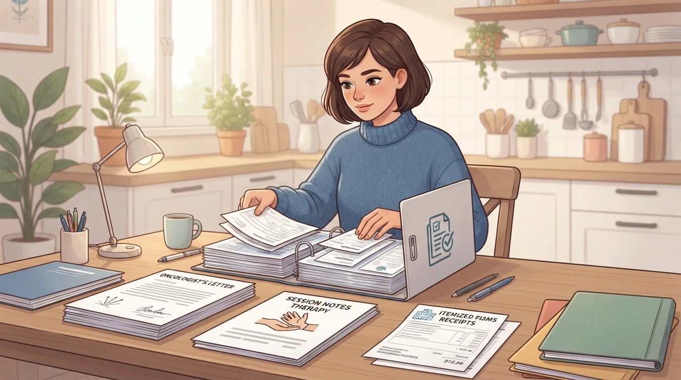 Patient organizes receipts and referral letters in binder