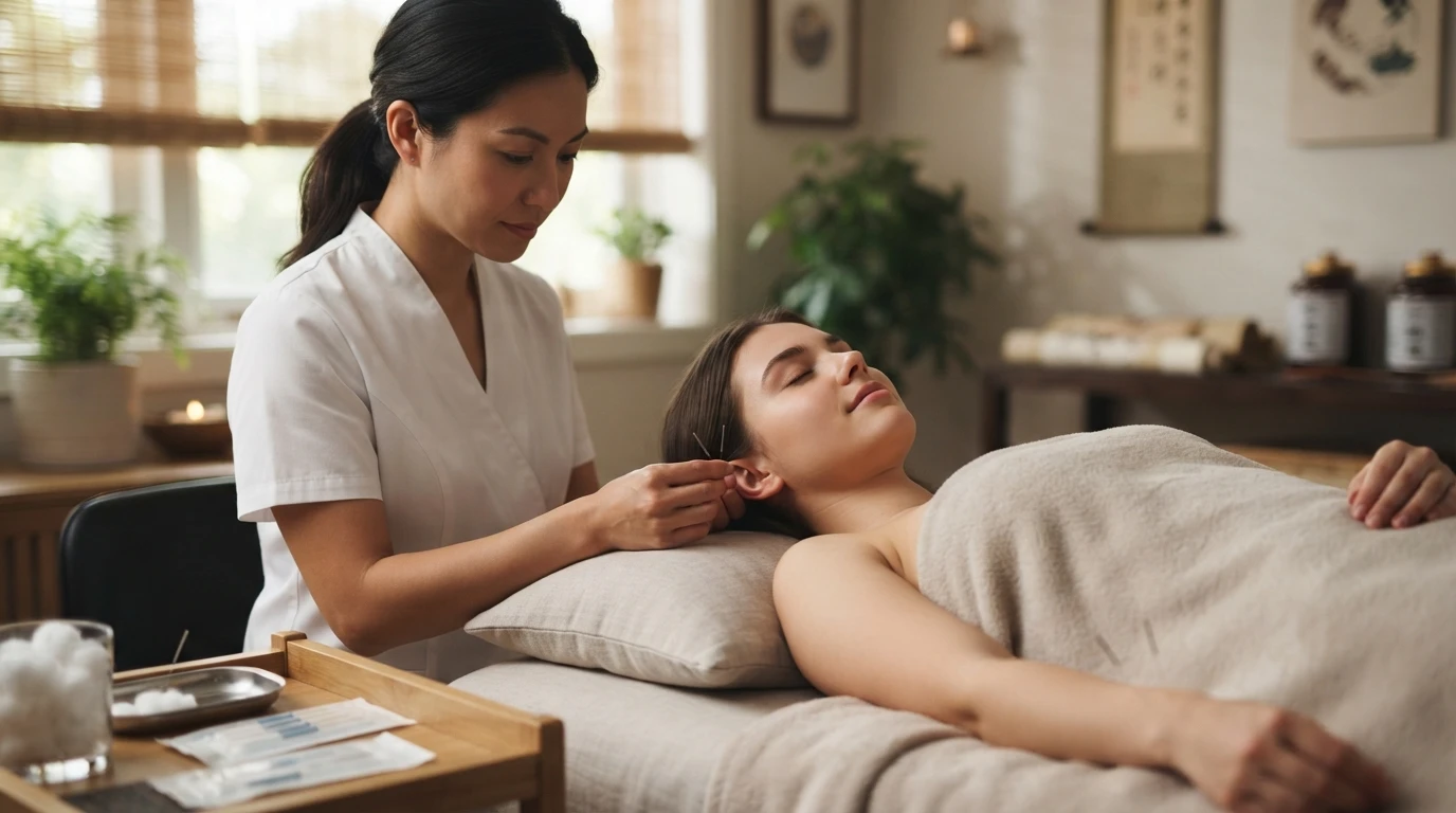 Practitioner gently placing acupuncture needles on a relaxed client
