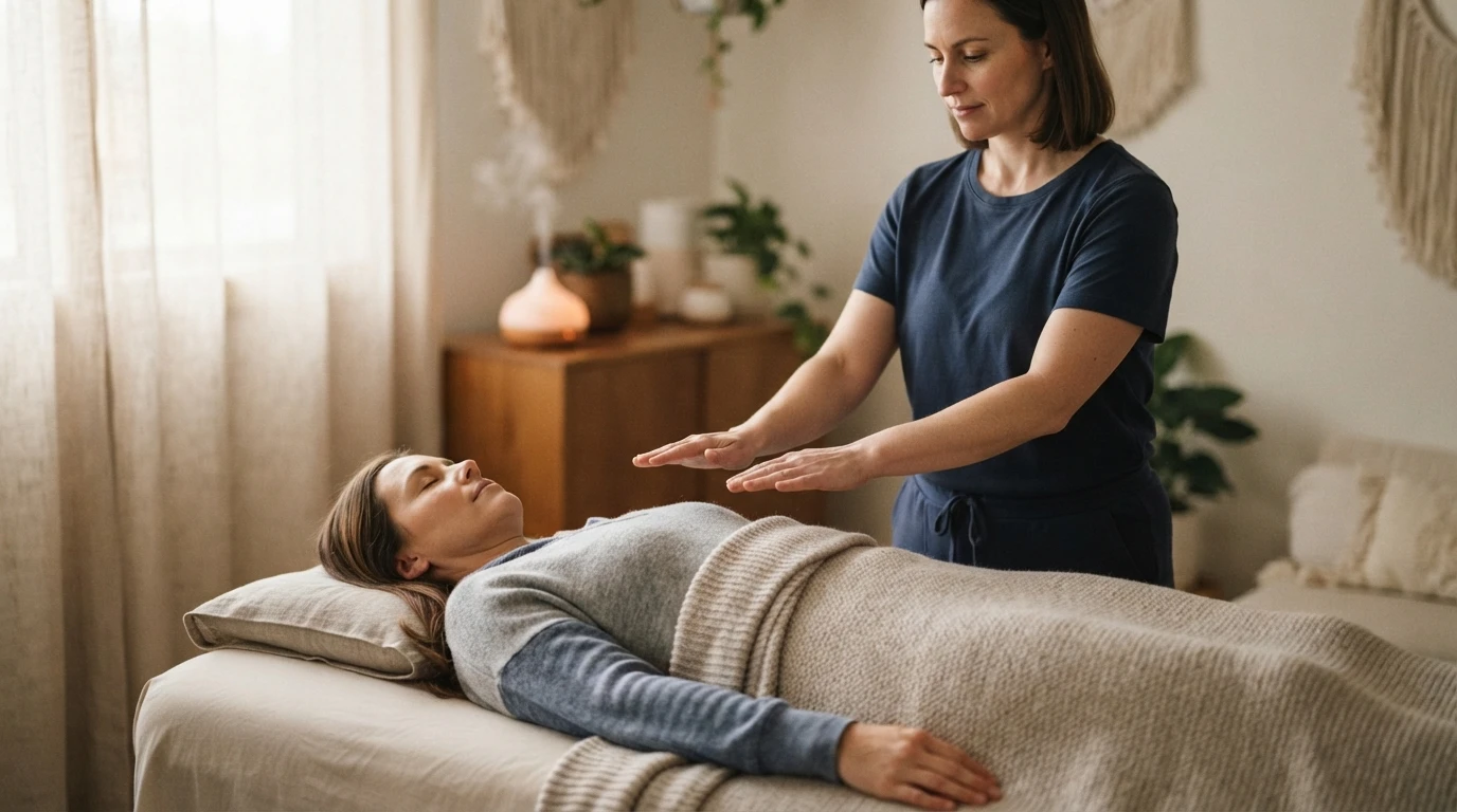 Practitioner's hands hovering over reclined client
