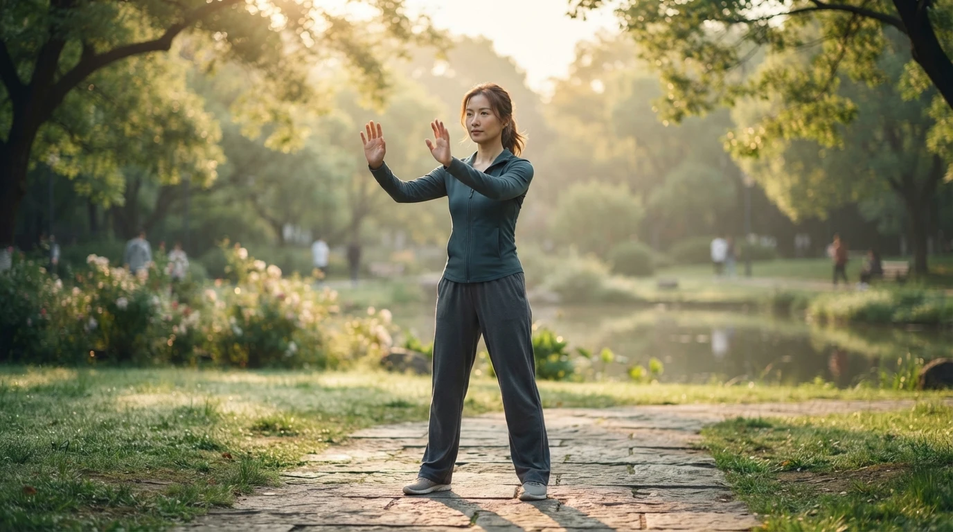 Person performing slow qigong movements in a misty morning park