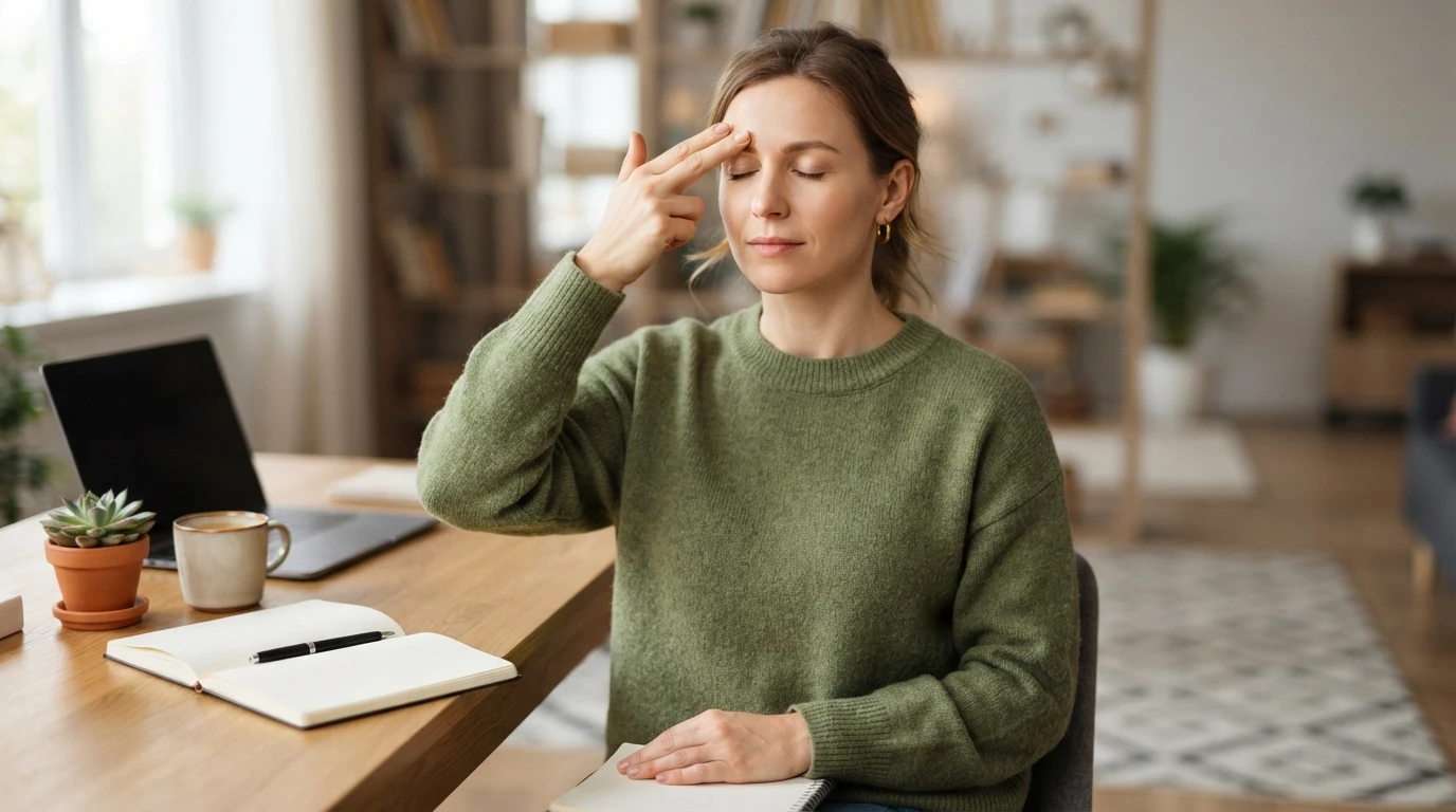 Person tapping fingertips above eyebrow at desk