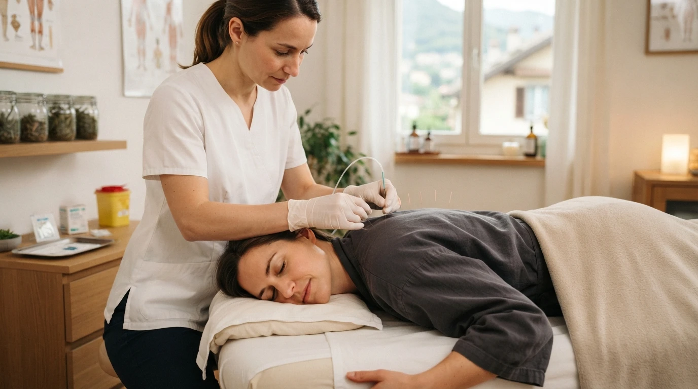 Practitioner performing acupuncture in a calm treatment room