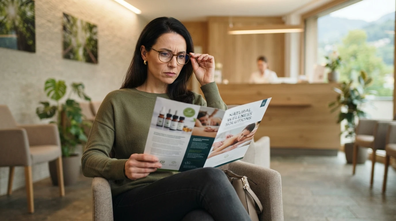 Skeptical patient reviewing a glossy clinic brochure