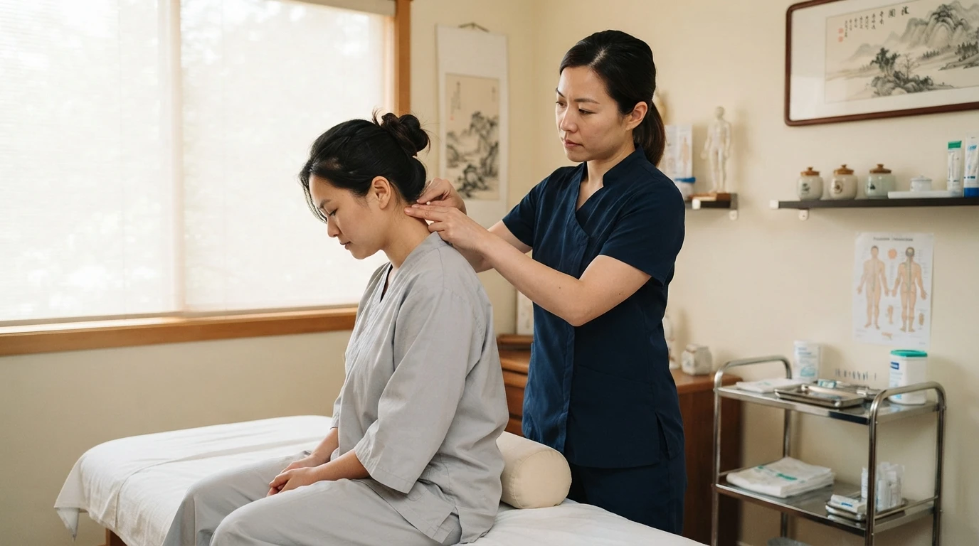 Practitioner palpating occipital points in clinic