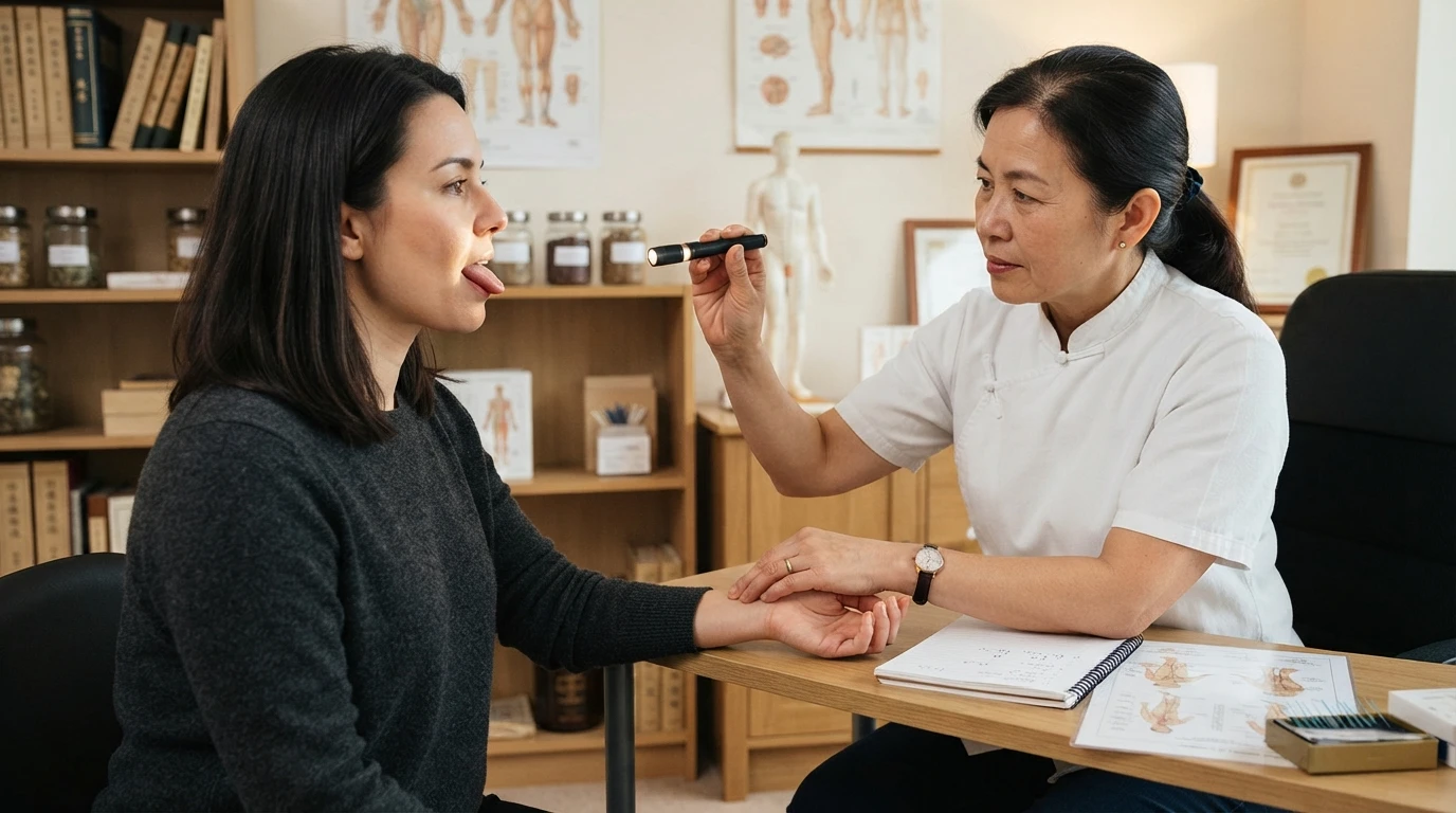 Practitioner assessing tongue and pulse diagnosis