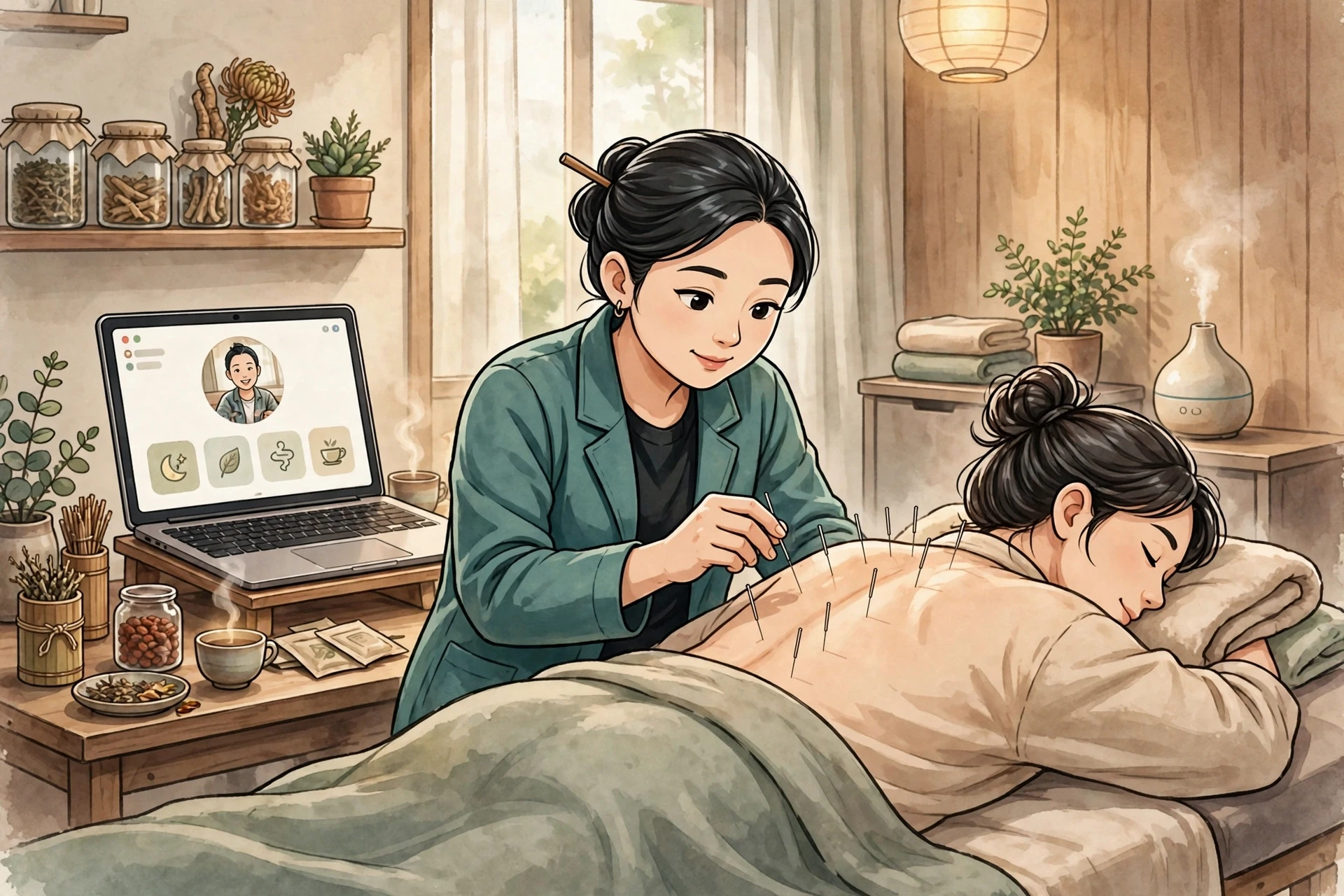 Acupuncture practitioner adjusts needles during remote consultation