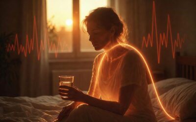 burnout woman sitting on bed drinking water