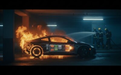 electric car burning in garage