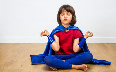 relaxed superhero child relaxing with yoga, mindfulness, meditation, bare feet