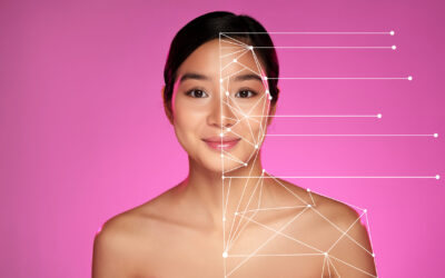 Sophisticated digital art showcasing facial features against a vibrant pink background during a creative tech exhibit