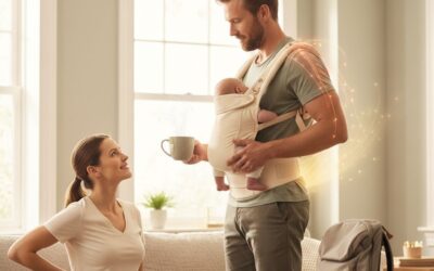 man bringing tea and carrying baby