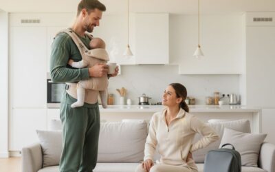man carrying baby talking to wife